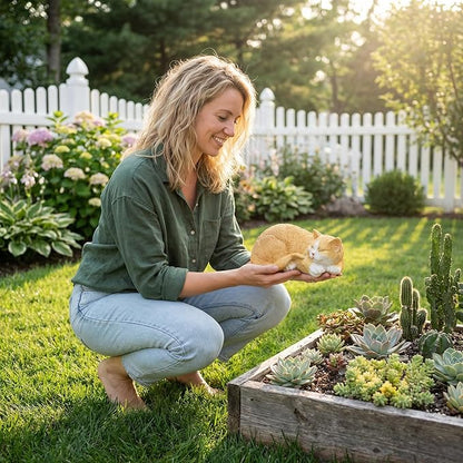 Sleeping Orange Cat Garden Statue – Realistic Resin Outdoor Decor for Patio Lawn Yard – Whimsical Feline Figurine for Home Balcony Porch Ornament – Charming Pet Sculpture Gift for Cat Lovers