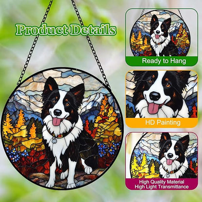 Stained Glass Suncatcher Border Collie in Mountain Meadow Handmade Window Hangings Colored Glass Suncatcher Crafts Kits for Indoor Garden Christmas Home Decor Gift for Pet Lover Memorial 6.3in