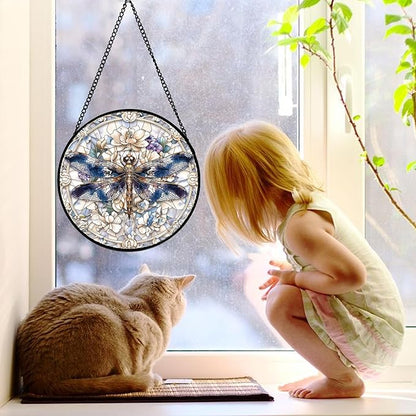 DASTOLL Stained Glass Window Hanging, Dragonfly Flower Suncatcher for Doors Home Sun Catchers Decoration and Christmas, Mother's Day Birthday Gifts for Women, Men, and Mom 11.8x11.8 in