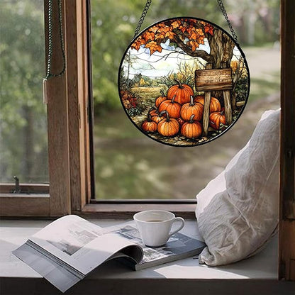DASTOLL Stained Glass Window Hanging Fall Farm Scenery Maple Trees Pumpkin Large 15" - Suncatcher Door Garden Kitchen Sun Catcher Autumn Decor Birthday for Mom Nana Men Woman Friend