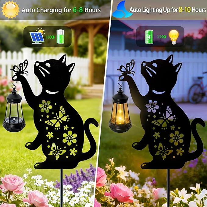 Cat Solar Lights Outdoor, 2 Pack Black Cat Hanging Lantern Waterproof, Cat Lover Gifts for Women Mom Birthday Mother's Day, Metal Garden Statue Yard Decor Patio Pathway Backyard Lawn Ornaments