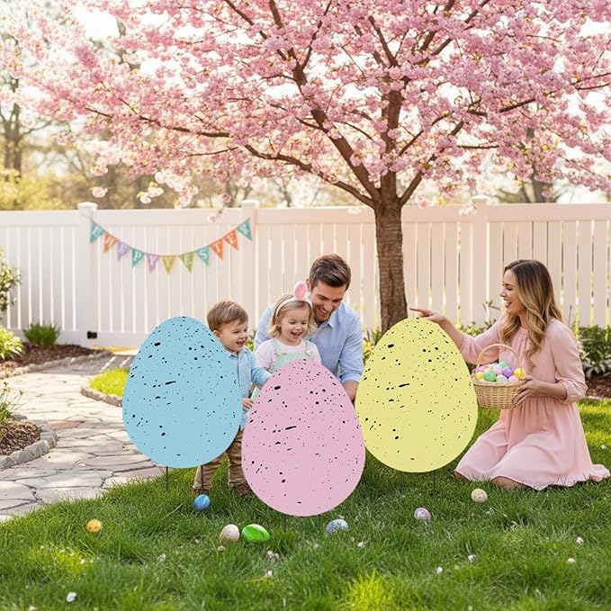 DoubleFill 3 Pcs Easter Decorations Outdoor 3D Metal Easter Eggs Tulip Yard Signs Decorative Garden Stakes Eggs Bunny Lawn Decorations Yard Decor for Spring Lawn Pathway Garden (Spotted Style)