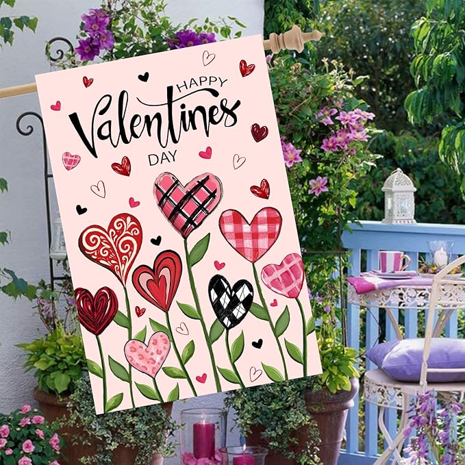 Happy Valentines Day House Flag 28 x 40 Double Sided Love Heart Floral Garden Decorations Spring Holiday Anniversary Yard Banner 12x18 Inch Double Sided for Outside