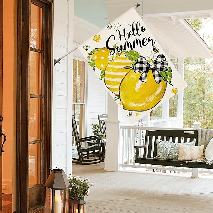 AVOIN colorlife Hello Summer House Flag 28x40 Inch Double Sided Outside, Lemon Bee Rustic Seasonal Yard Outdoor Flag