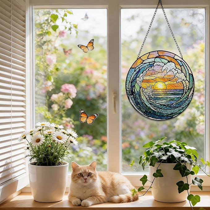Stained Glass Window Hanging, 8 Inch Ocean Wave Suncatcher, Sun Catchers Indoor Window, Beach Coastal Suncatchers for Windows Hanging, Spring Home Garden Decor Panel, Beach Lover Gifts for Women Mom