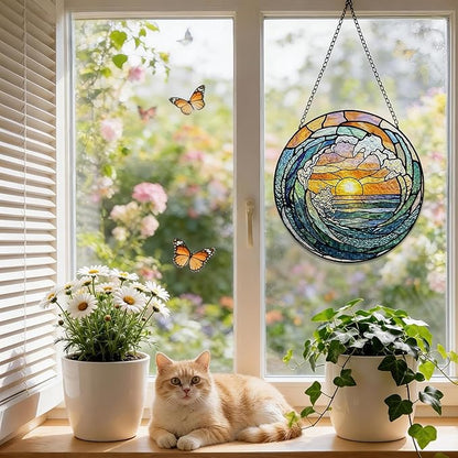 Stained Glass Window Hanging, 8 Inch Ocean Wave Suncatcher, Sun Catchers Indoor Window, Beach Coastal Suncatchers for Windows Hanging, Spring Home Garden Decor Panel, Beach Lover Gifts for Women Mom