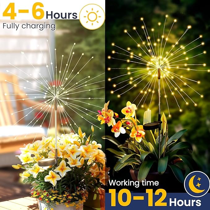 4 Pack Solar Firework Lights Outdoor, Adjustable 32" to 51" Extra Tall, Verified 200 LED Warm White Stainless Steel 3-Section Pole, 8 Modes Waterproof Starburst Garden Lights for Large Yard