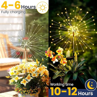 4 Pack Solar Firework Lights Outdoor, Adjustable 32" to 51" Extra Tall, Verified 200 LED Warm White Stainless Steel 3-Section Pole, 8 Modes Waterproof Starburst Garden Lights for Large Yard