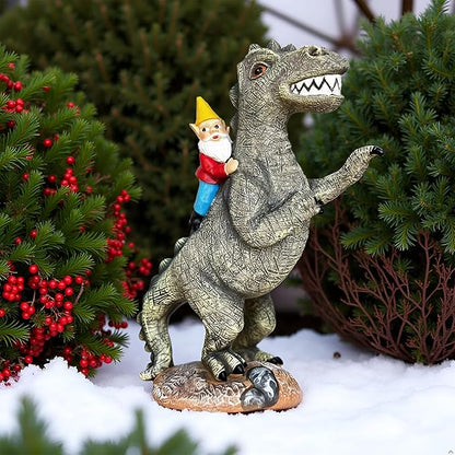 Garden Gnome Riding Dinosaur Statue - Resin Outdoor Decor, 8.7" Funny Garden Dino Gnome Statue for Patio & Lawn Ornament Whimsical Sculpture Gift,Gifts for Women