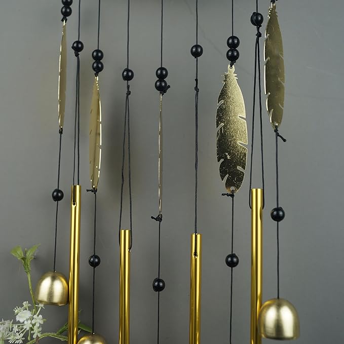 Wolf Dream Catcher Wind Chimes for Outside, Gold Metal Howling Wolf Windchimes with Bells & Feathers, Gift for Wolf Lovers Chimes Wolves(Golden Wolf)