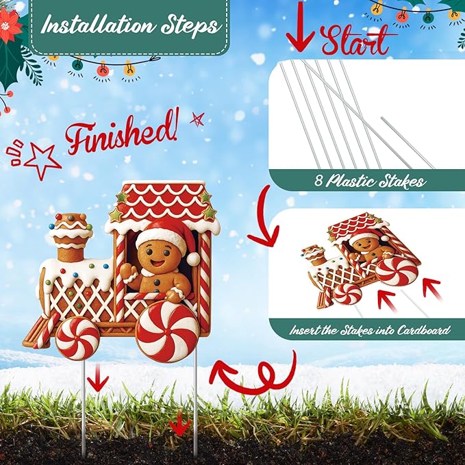 Marsui 4 Pcs Christmas Train Decoration Yard Sign with 4 LED Light Lawn Sign Christmas Red Gingerbread Penguin Snowman Train Set with 8 Stake for Xmas Garden Outdoor Holiday Party Decor