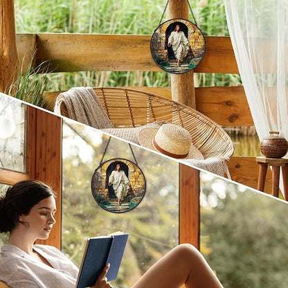 Easter Christian Empty Tomb Suncatcher Stained Glass Window Hanging Wall Decorations, Easter Christian Gifts for Women, Jesus He is Risen Sun Catchers Lawn Garden Window Hanging Art,7.9x7.9In
