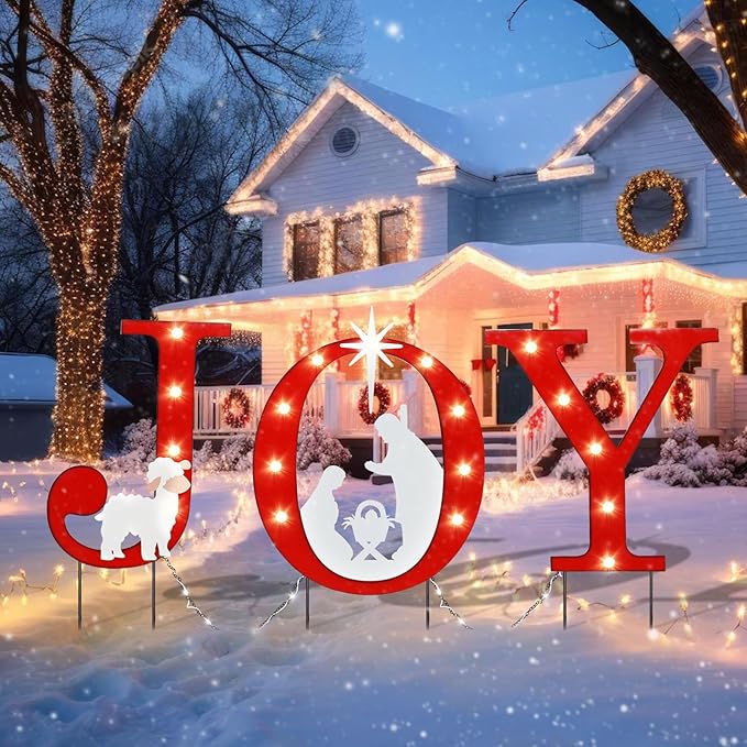 WONDER GARDEN Christmas Metal Yard Stakes, Lighted Joy and Nativity Scene Christmas Garden Stakes Yard Signs, Outdoor Decorations for Lawn Party Outside