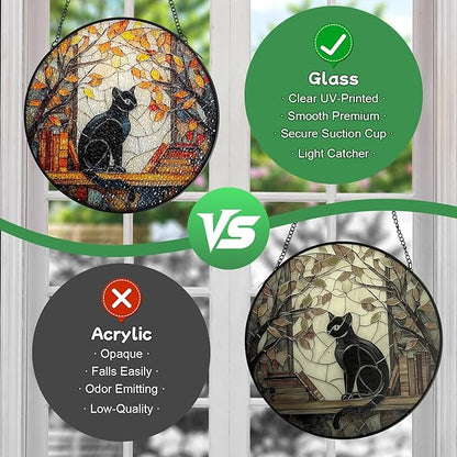 Black Cat Stained Glass Window Hanging Suncatcher, Fall Leaves & Bookshelf Sun Catchers Art Decor Ornament for Home Garden Farmhouse, Birthday Gift for Cat Lovers Mom Women Nana, 7.8 Inch