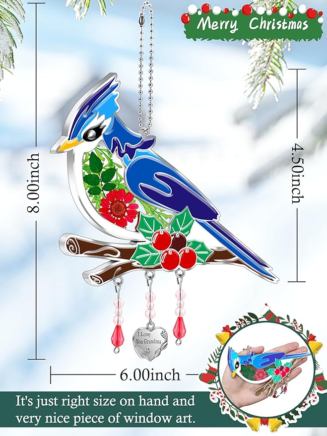 KY&BOSAM Blue Bird Suncatcher I Love You Grandma Glass Sun Catchers for Window Hanging Wind Chime Ornament with Real Flower and Metal Charm Birthday Gifts for Women Mother`s Day Valentine’s Christmas