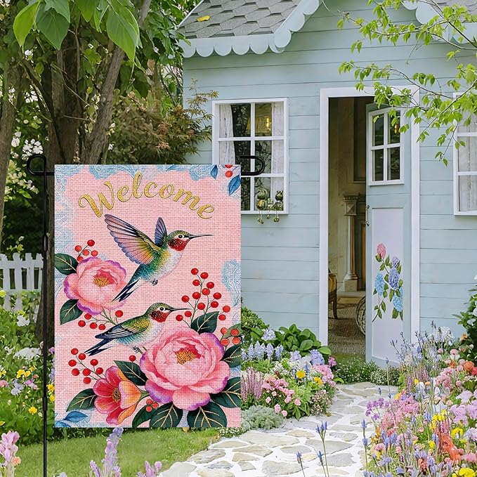IVN Hummingbird Garden Flag 12x18 Inch – Welcome Floral Outdoor Flag, Double Sided Burlap Spring Summer Yard Flag for Porch Lawn Patio Decor