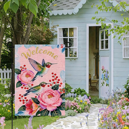 IVN Hummingbird Garden Flag 12x18 Inch – Welcome Floral Outdoor Flag, Double Sided Burlap Spring Summer Yard Flag for Porch Lawn Patio Decor