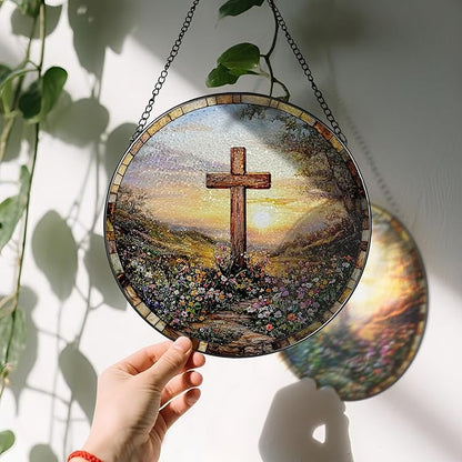 8 Inches Cross Sunset Stained Glass Suncatcher, Christmas Ornament, Window Hanging Decor, Christian Home Decor, Christian Gift, Religious Gift, Gifts for Christmas