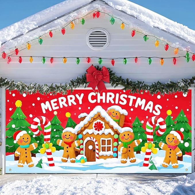 IVN Christmas Garage door banner Gingerbread House Candy Cane Characters Snowy Trees Door Cover Indoor And Outdoor Studio Background Hanging Decoration 13x6ft