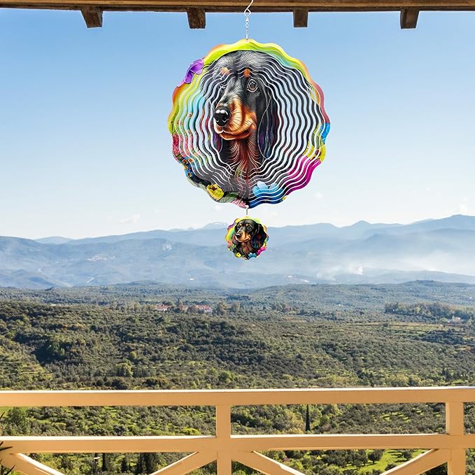 Hanging Wind Spinners Outdoor - Metal 3D Wind Spinner Stainless Steel Dachshund Decor for Patio Lawn Garden Indoor Balcony 12 Inch Kinetic Spinning Ornaments Birthday Gifts for Dog Lover