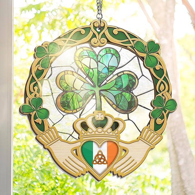 FLAGWIX St Patricks Day Decorations - Saint Patricks Day Decor Double Layered 8 inch Hanging Suncatcher - Irish Shamrock Celtic Cross Home Decoration, Gifts for Women Men, Gifts for Friends