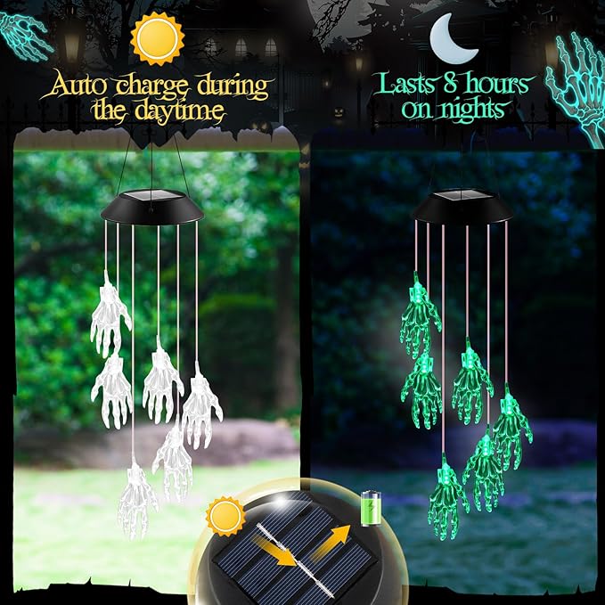 Wonderjune Halloween Solar Wind Chimes for Outside Skeleton Hand LED Color Changing Light Outdoor Mobile Wind Chime for Garden Patio Yard Porch Home Decor