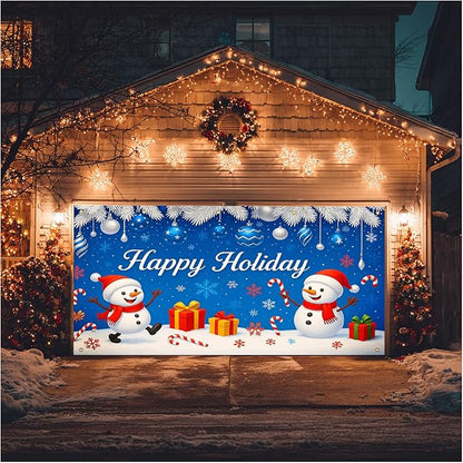 HOMETITUTE Winter Garage Door Banner 13x6ft Happy Holiday Snowmen Winters Scene Backdrop Banners for Outside Indoor Winter Door Cover Garage Wall Covering for Party Garages Decorations