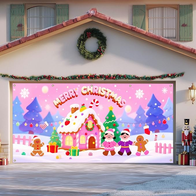 IVN Christmas Garage Door Cover Decoration 13x6ft Gingerbread House Candy Village Pink Snow Scene Merry Christmas Garage Door Banner Home Door Front Yard Decor for Xmas Eve Holiday Outdoor