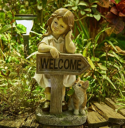 Girl Garden Statue with Solar LED Lights, Solar Girl Welcome Sign with Cat Garden Statue for Outdoor Decor, Porch, Patio, Yard Art Decorations, Polyresin 17.3 inch