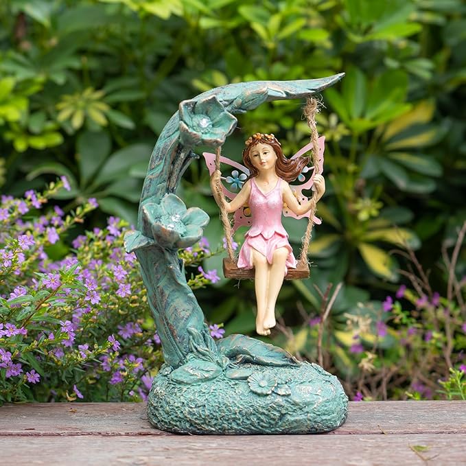 Suyorpe Garden Flower Fairy Outdoor Statue Decor Funny Swing Fairy Ornaments Figurines for Patio Lawn Yard Porch Outside Garden Gifts,9.05 Inches Tall ﻿ ﻿ ﻿