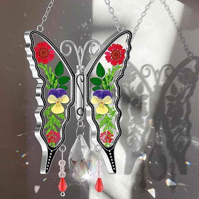 KY&BOSAM Crystal Butterfly Suncatchers Stained Glass Sun Catcher for Window Haning Wind Chime with Dried Flowers and Colorful Rainbow Prisms Charms for Mom Birthday Christmas Decor