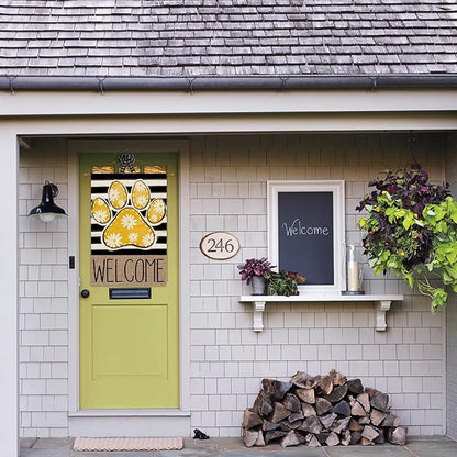 AVOIN colorlife Yellow Paw Print Spring House Flag 28x40 Inch Double Sided Outside, Daisy Floral Welcome Stripes Yard Outdoor Flag
