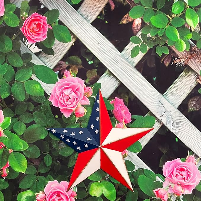 YUMBOR Rustic Metal 3D Barn Americana Stars Outdoor Decor Patriotic Wall Decoration American Flag Wall Star July 4th Country Americana Patriotic Wall Door Decorations