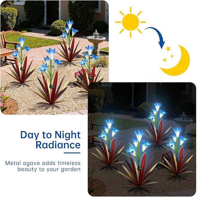 Homight Solar Metal Agave Lily Flower Garden Sculpture with LED Lights 30.3 Inch Waterproof Outdoor/Indoor Yard Decor Handmade Lawn Ornament Gift for Family Friends (3, Red)