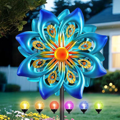 Solar Wind Spinners Outdoor - H60xW13 Metal Yard Art Kinetic Wind Spinners with Colorful LED Crackle Ball, Peacock-Style Windmill for Yard Lawn Garden Decor, Gardening Gifts for Women