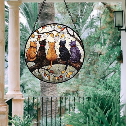DASTOLL Stained Glass Window Hanging - 5 Cats on a Branch Suncatcher for Window Doors Home Decoration and Christmas, Mother's Day Father's Day Birthday Gifts for Women, Men, and Mom 14.9x14.9 in
