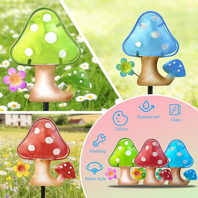 LEGIFO Garden Decor Mushroom Stakes Set of 3, Metal & Glass 10″, Outdoor Mushroom Stake for Backyard Lawn Decor, Funny Yard Art Decorations for Mom Grandma Women Mother’s Day