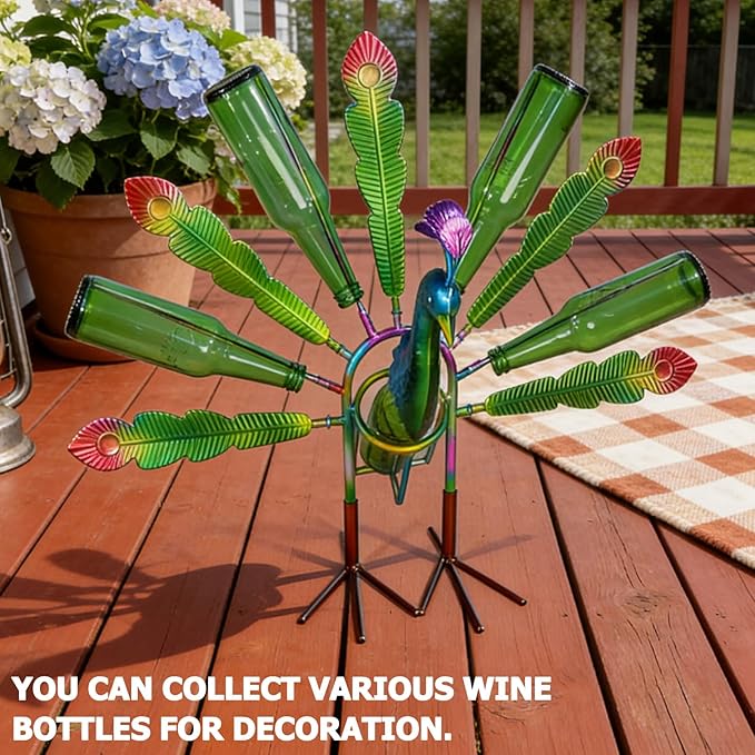 Outdoor Bottle Tree with Peacock Metal Stake for Outdoor Colorful Garden Decorative Bottle Holder & Outdoor