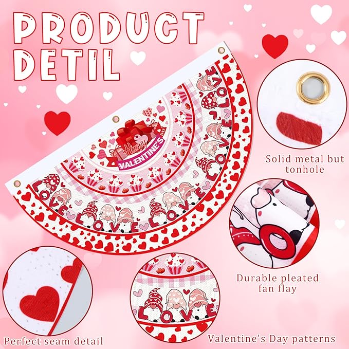 6 Pcs Valentine's Day Bunting Fan Flag Love Heart Bunting Banner Romantic Valentine's Day Garden Half Fan Banner Decoration Holiday Indoor Outdoor Yard Decor, 1.5 x 3 ft