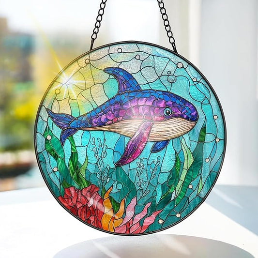 Bimkole Shark Stained Glass Suncatcher Window Hanging - Ocean Indoor Window or Doorway Decoration - Handmade Sun Catcher Decor for Garden Home Christmas & Birthday Gifts 7.87x7.87 Inch