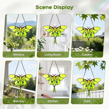 Luna Moth Sun Catcher Stained Glass Window Hanging for Mother's Day, IDEA SHOW 7.3Inch Handmade Real Glass Suncatcher Ornaments, Elegant Green Butterfly Memorial Gifts for Women, Mom, Grandma