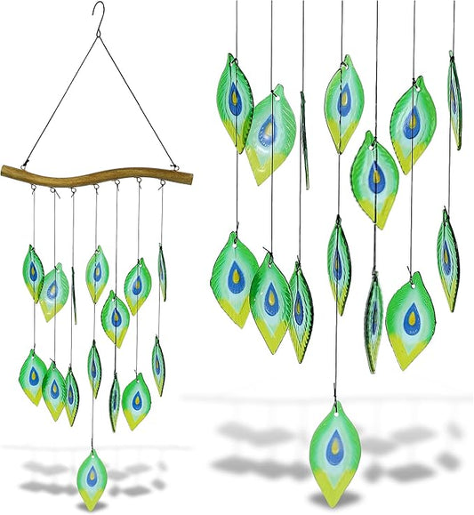 CoTa Global Peacock Feathers Wind Chime - Handmade Glass and Metal Chime - Wild Life Hanging Decor - Colorful Home Decor Gift, Indoor and Outdoor Hanging Decoration for Porch, Patio, Garden - 31 Inch