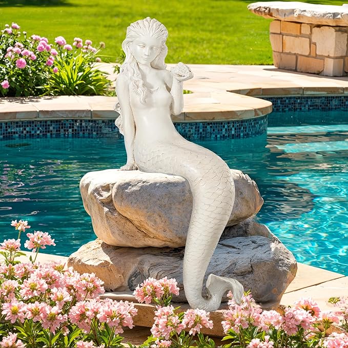 Mermaid Statue Outdoor, Large 25.6 Inch Garden Sculpture Figurines for Lawn and Patio Decor, Durable MGO Stone Yard Art with Weatherproof Finish for Indoor Decor Christmas Gift Antique White