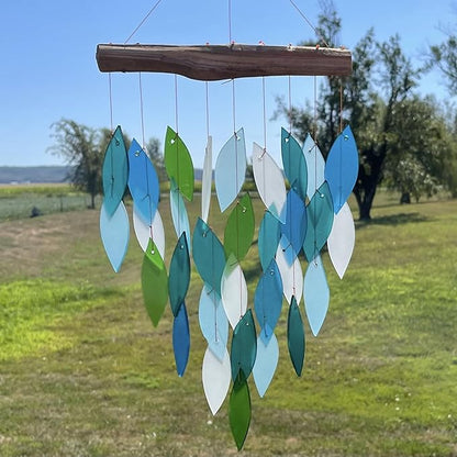 Blue Handworks Ocean Waterfall Glass and Driftwood Chime, Sandblasted Glass and Found Wood Handcrafted Wind Chime