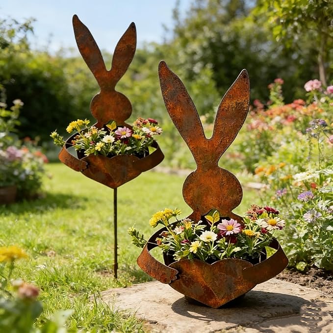 EPMANN Easter Vintage Metal Rabbit Shaped Planter Garden Stake, Rustic Patina Finish Bunny Decor for Outdoor Garden Yard, Decorative Stake for Small Flowers Succulents Spring Displays