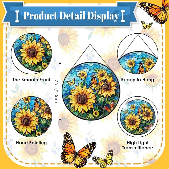 Sunflower Stained Glass Window Hanging, 7.9" Sunflower Sun Catcher Glass Panel with Chain, Sunflowers Hand Painted Round Wall Art Gifts for Women, Sunflowers Decor Christmas Housewarming Gift