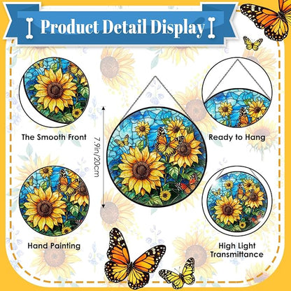 Sunflower Stained Glass Window Hanging, 7.9" Sunflower Sun Catcher Glass Panel with Chain, Sunflowers Hand Painted Round Wall Art Gifts for Women, Sunflowers Decor Christmas Housewarming Gift