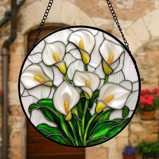 DASTOLL Stained Glass Window Hanging, White Calla Lily Suncatcher Diamond Glass Panel Hangings Flowers Sun Catchers Decor for Birthday for Women, Men, Wife, Aunt, and Mom 6.3 in