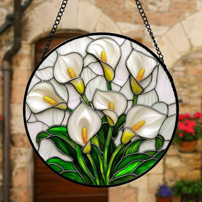 DASTOLL Stained Glass Window Hanging, White Calla Lily Suncatcher Diamond Glass Panel Hangings Flowers Sun Catchers Decor for Birthday for Women, Men, Wife, Aunt, and Mom 11.8x11.8 in