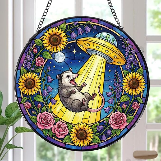 Rngmsi Funny Stained Glass Window Hanging, 8 Inch Opossum Sun Catcher Gift for Housewarming, Decorative Suncatchers Gifts for Wall Art Landscape Hanging Home Decor